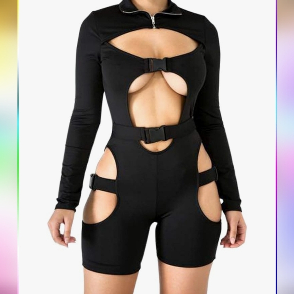 Halloween Costume Black Romper Long Sleeve bodycon Bodysuit Goth Jumpsuit Sexy